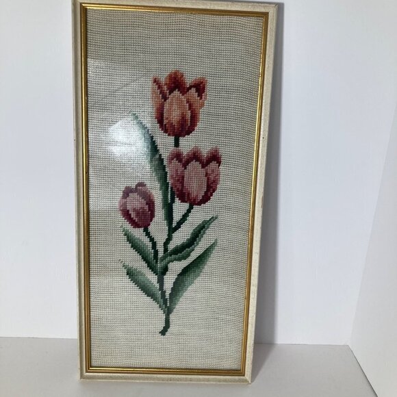Vintage Mid Century Framed Needlepoint Fiber Art Tulips Pink White 9 x 18